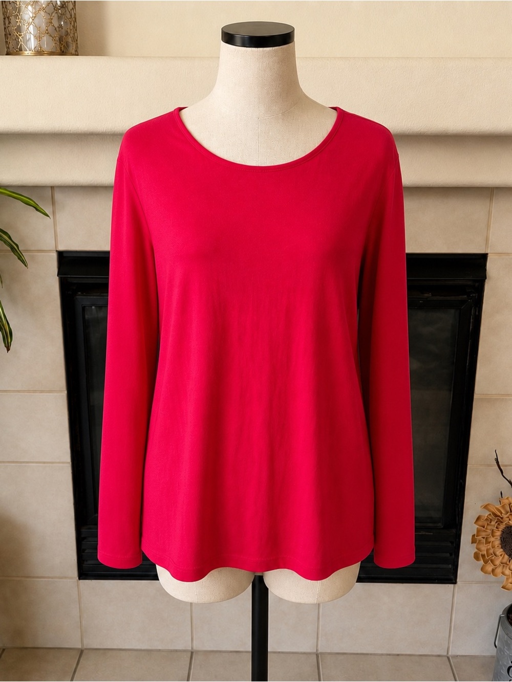 Joan Vass Red Scoop Neck Long Sleeve Tee